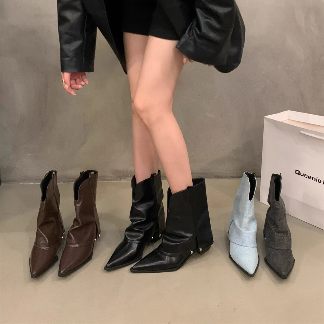 粗跟尖头裤管靴炸街小短靴女鞋春秋2025新款夏季棕色西部牛仔靴子