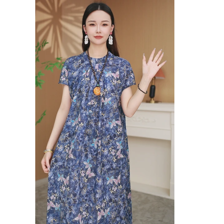 【桃子 天空之境】·女装碎花裙瘦连衣裙气质长裙短袖116-9落肩款