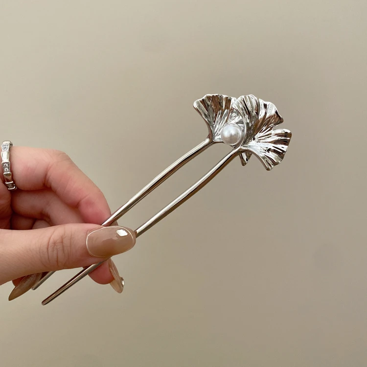 国风气质银杏叶珍珠u型发簪新中式高级感金属短簪子古风旗袍发钗
