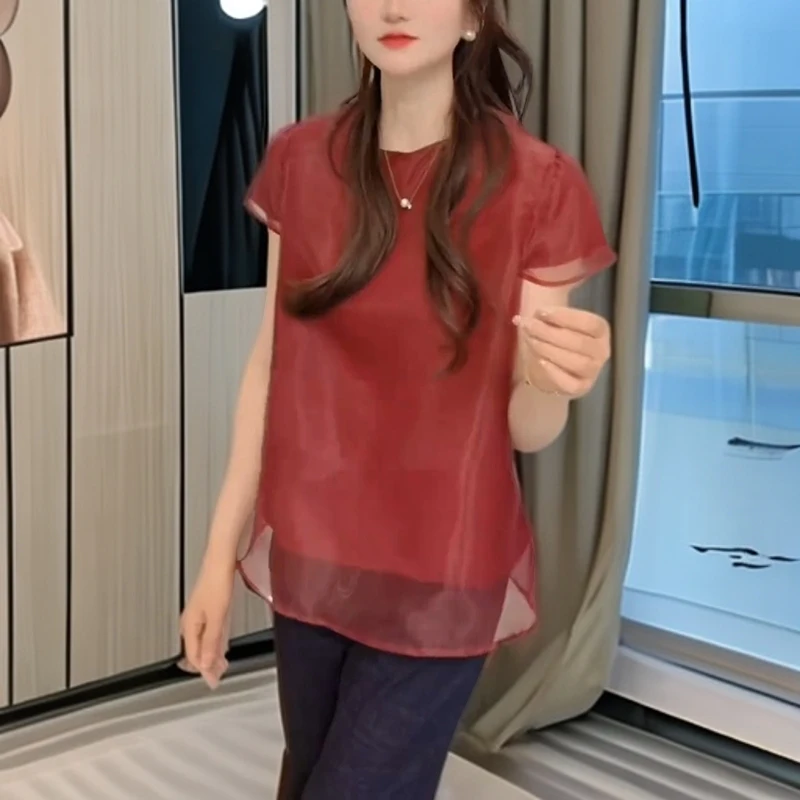 财阀千金女装夏季新款洋气衣服女设计感网纱拼接圆领T恤小衫上衣