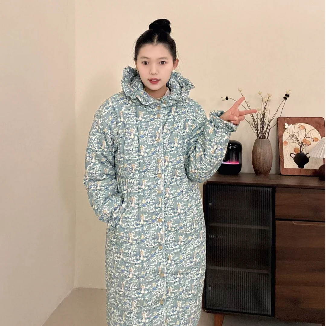 新疆棉花【繁星】收腰花边帽大长款加厚冬季宽松家居服棉衣棉服甜美