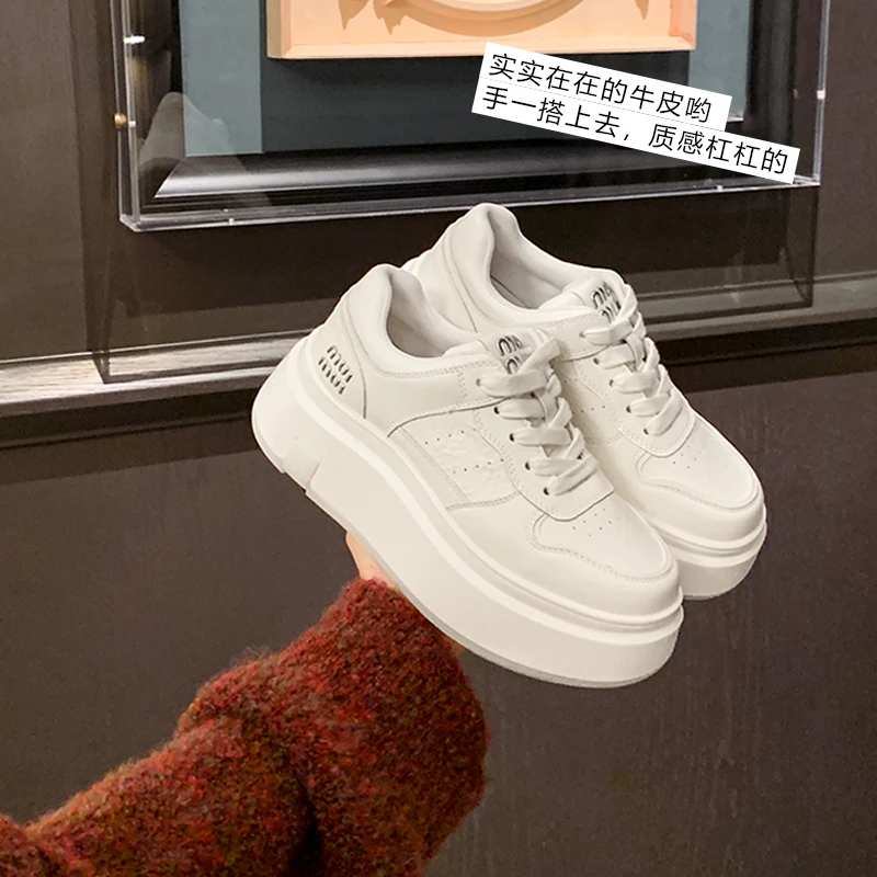 【左拉夫人】阿miu家牛皮厚底小白鞋女休闲鞋运动鞋增高板鞋新款