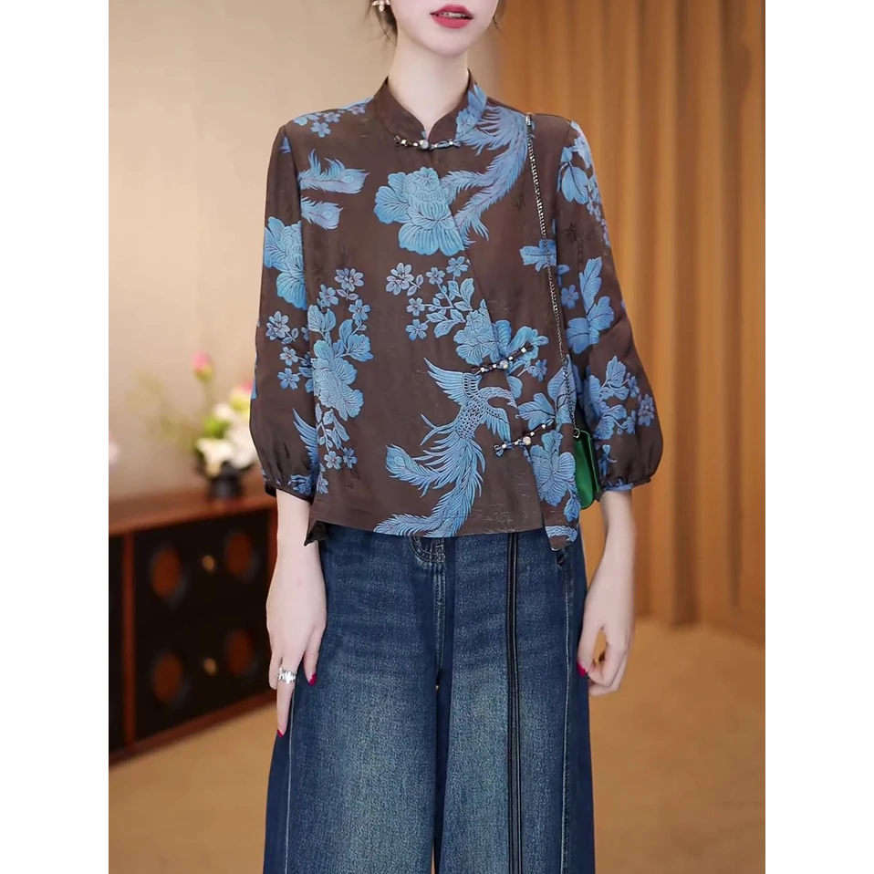 新中式国风复古衬衫女2025春秋季新款文艺范宽松显瘦减龄高贵衬衣