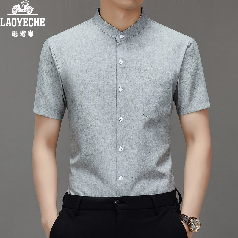 中国风格纹夏季男男士衬衫袖衬衫中青年休闲上衣夏装