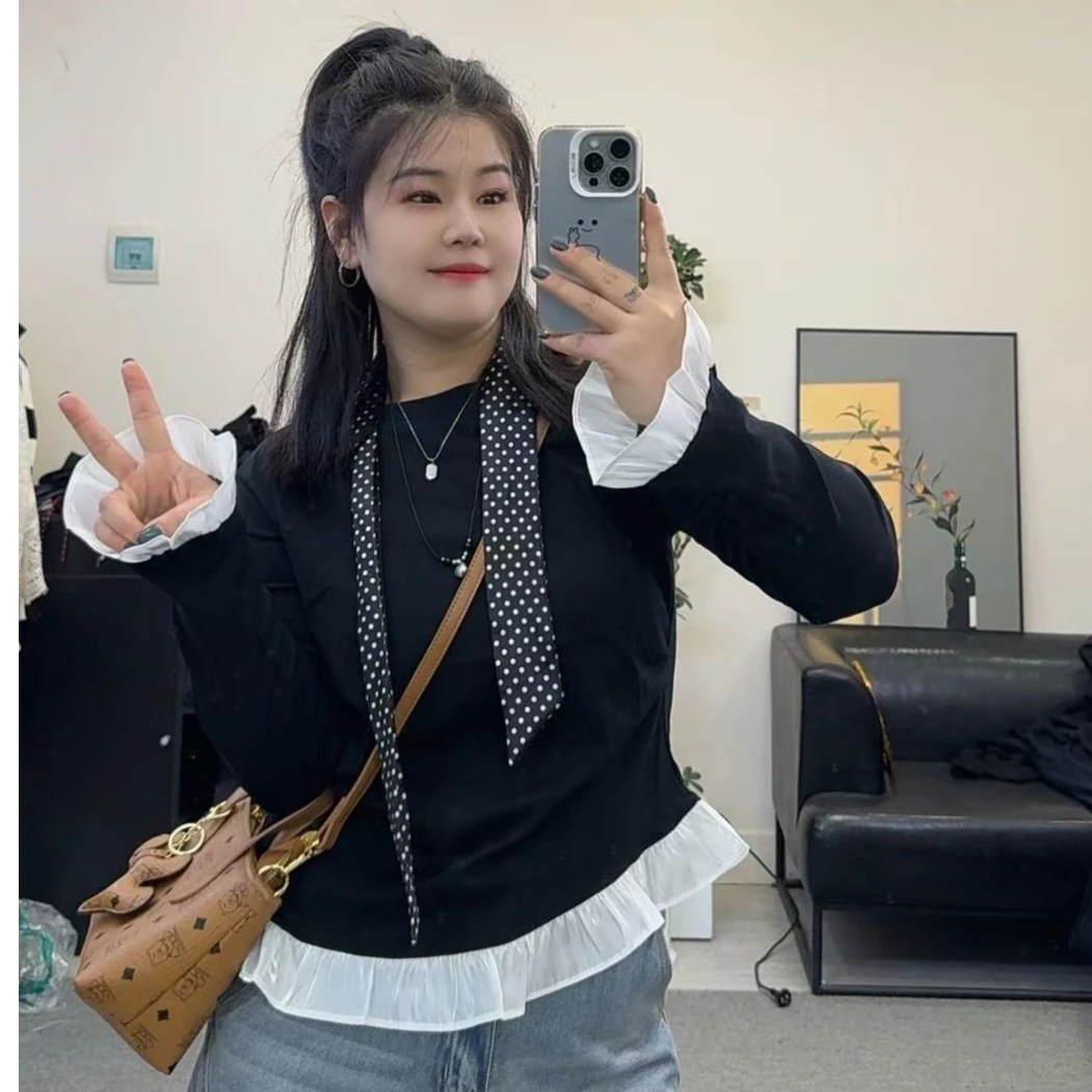 【九九专属】拼接蕾丝韩版显瘦长袖T恤秋季百搭圆领时尚上衣T恤