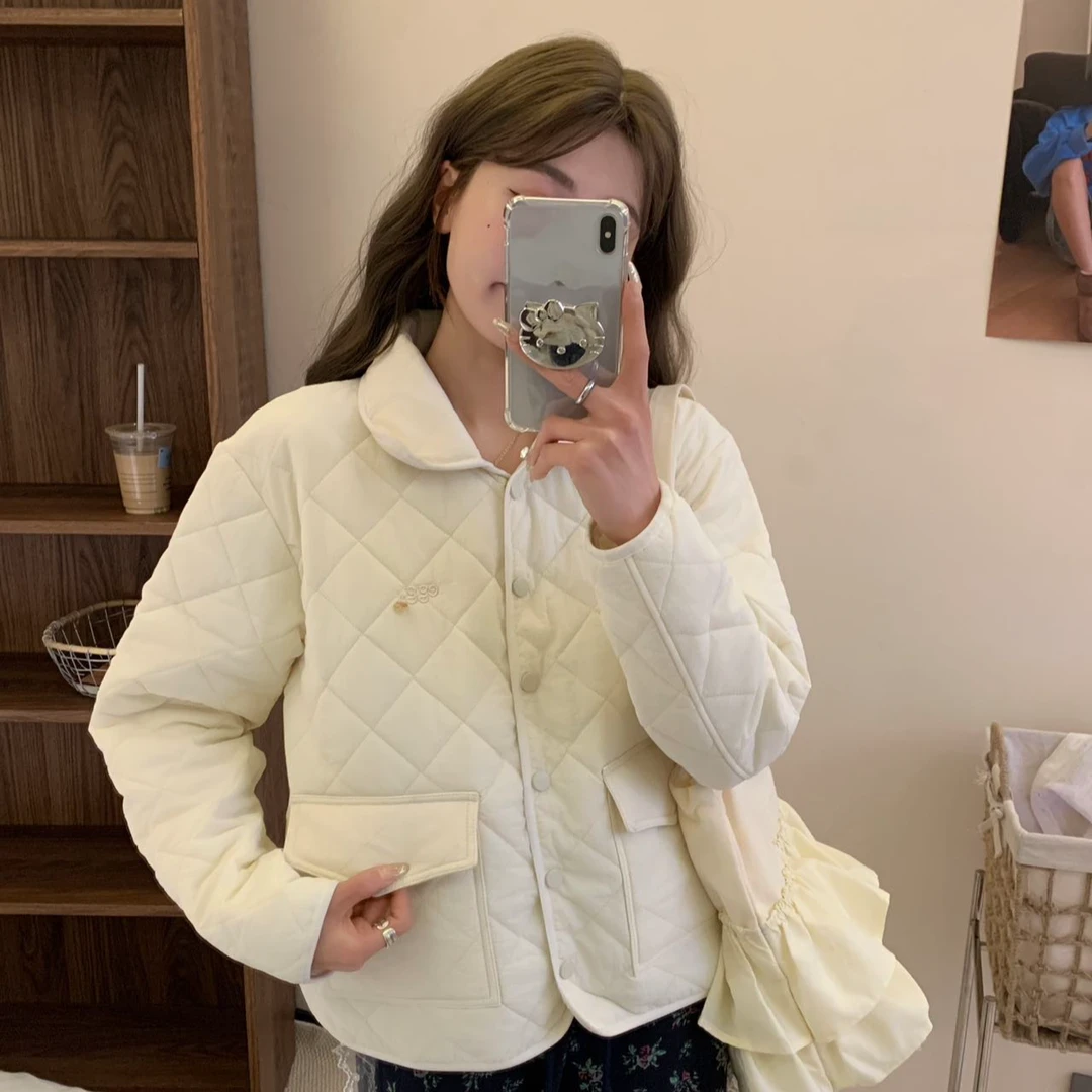 e*gg韩单春季爆款温柔菱格超薄简约时尚小香风棉服F-8237