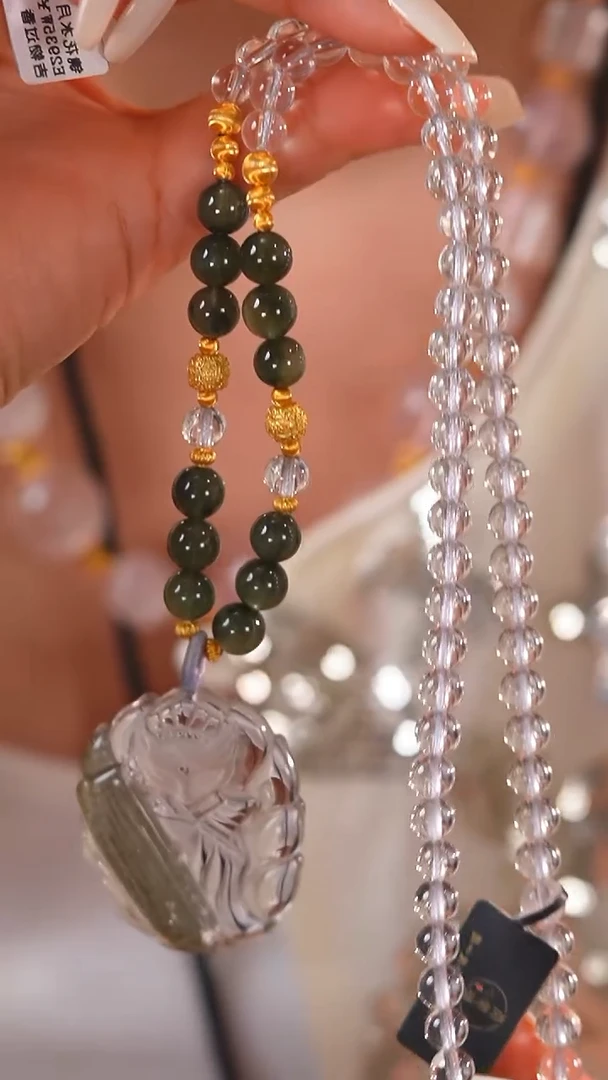 未镶嵌珠宝半成品水晶D2500绿幽灵 精雕狐狐 水晶项链