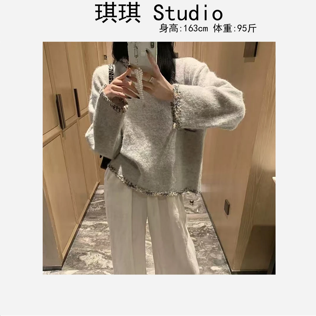 秋冬季新款轻奢高级感甜美洋气拼接袖下摆圆领显瘦减龄针织上衣-L