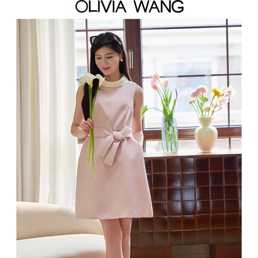 OLIVIA WANG高级感法式赫本花苞中长裙撞色桑蚕丝丝毛收腰连衣裙
