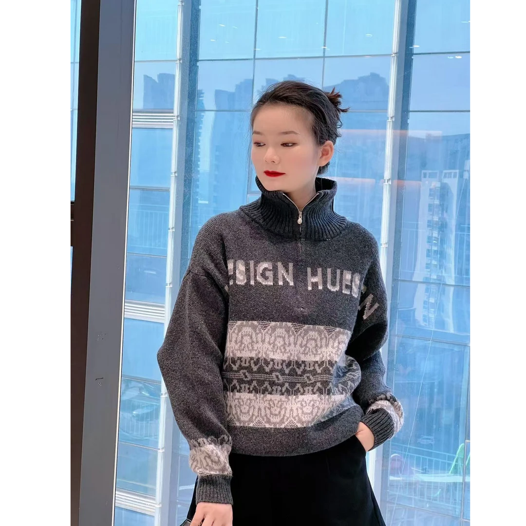 478提花加厚半拉链高领针织毛衫女欧货高端新年款针织衫