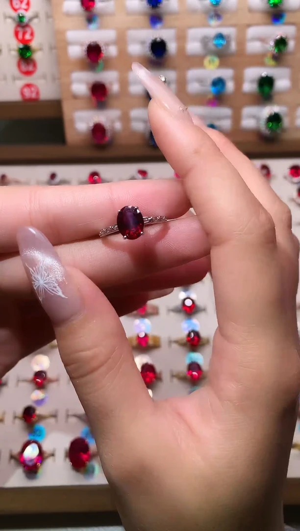 银S925镶嵌戒圈海蓝宝石7*9 酒红 银托