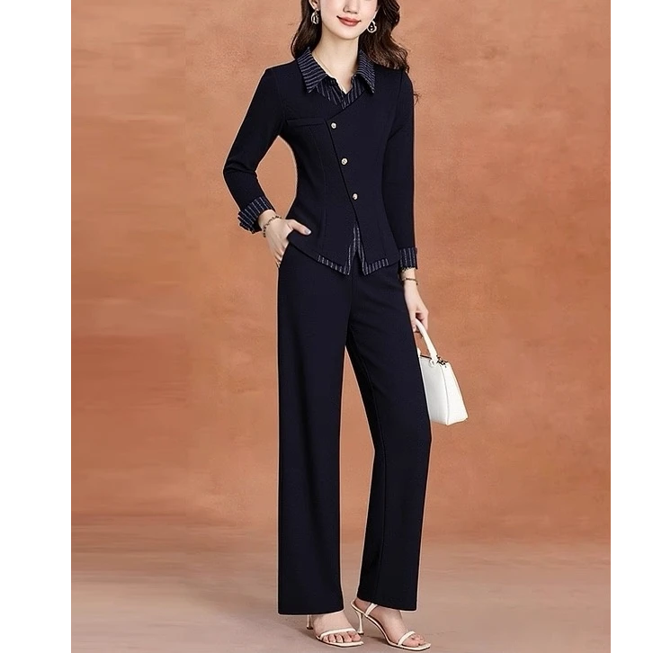 W8106秋季时尚气质两件套装裤女秋冬减龄拼接贵夫人收腰休闲套装