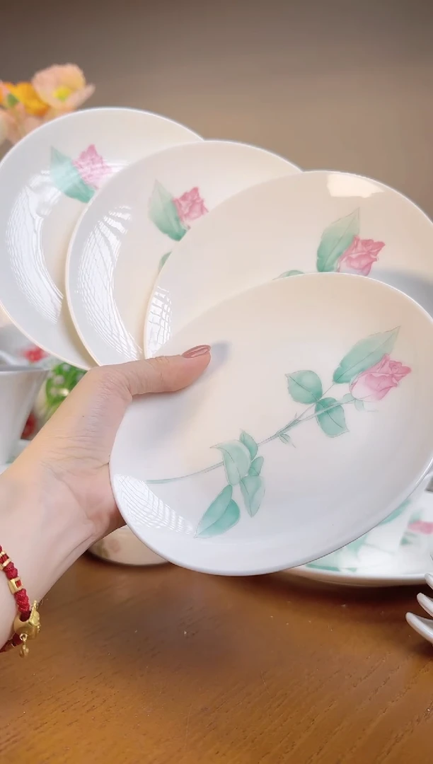 【闪购商品】玫瑰高骨瓷6寸浅盘4个