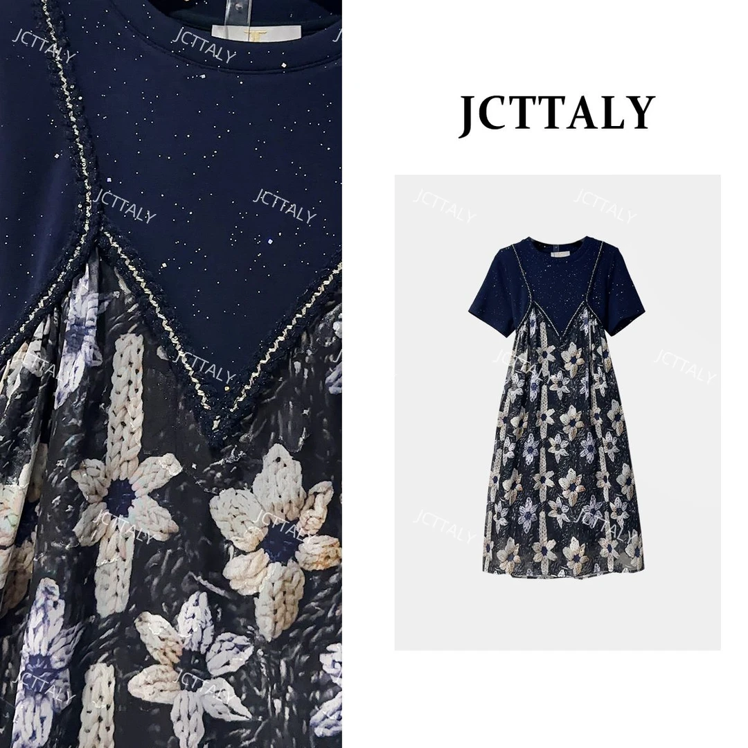 【茶茶】短袖碎花显瘦气质牛仔时尚夏季法式连衣裙JC-A3570