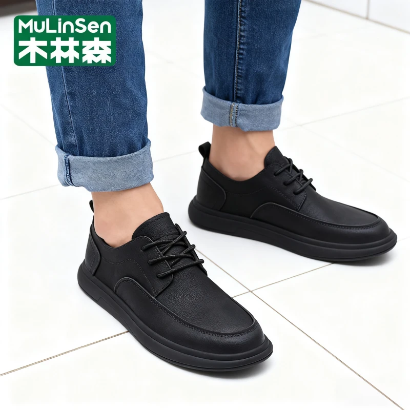 木林森棉皮鞋加绒男士真皮厚底中年时尚正装办公室男鞋软男式牛皮