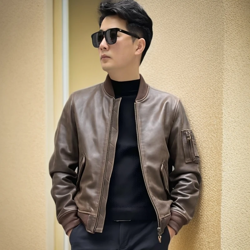 【MA1棒球领牛皮夹克】男士复古RL风机车皮夹克无涂层真皮休闲外套