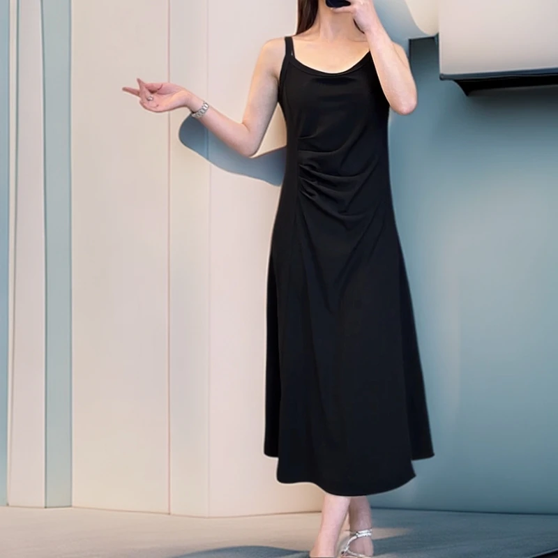 夏季女装褶皱收腹显瘦遮肉时尚百搭双肩带长款无袖连衣裙603款