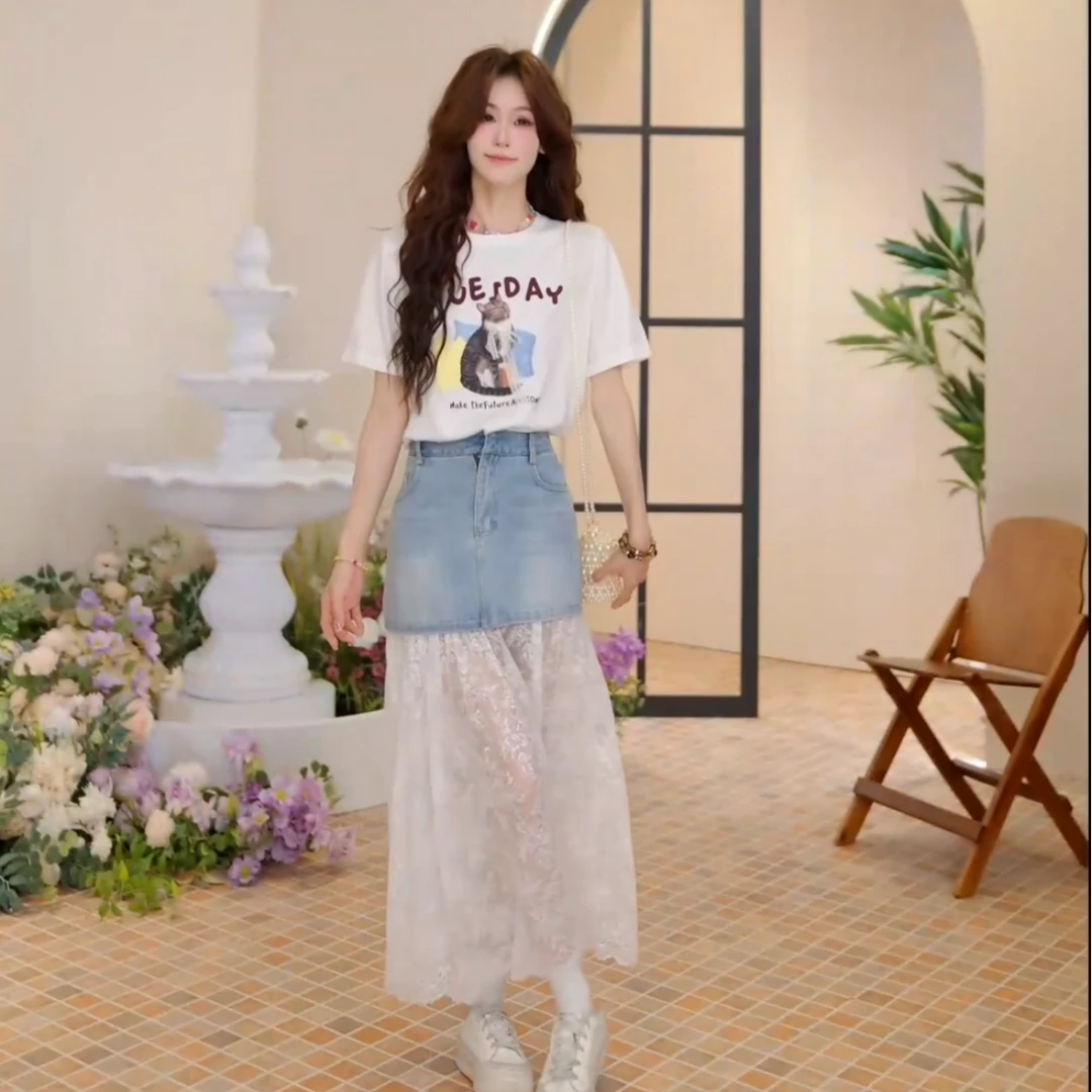 妖精的口袋蕾丝拼接牛仔半裙女2025夏高腰甜美显瘦长裙25217081