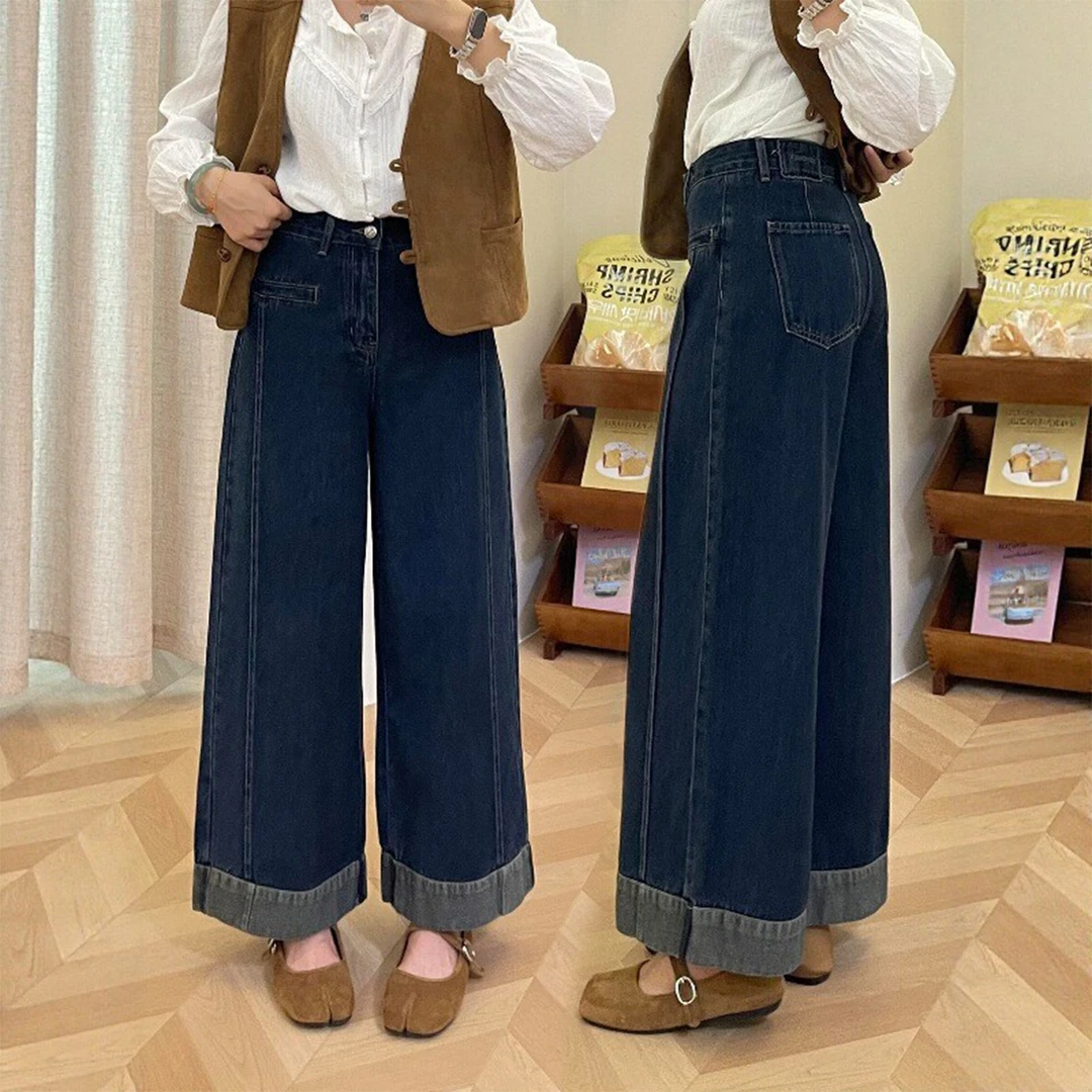 丹宁风直筒牛仔裤女秋季新款大码宽松百搭小个子翻边九分阔腿裤子