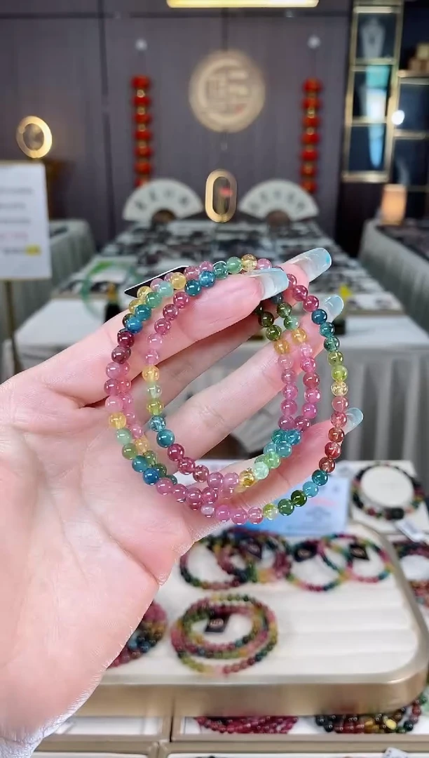 未镶嵌老矿碧玺彩虹三圈手串4mm+碧玺多样性发货一条mz