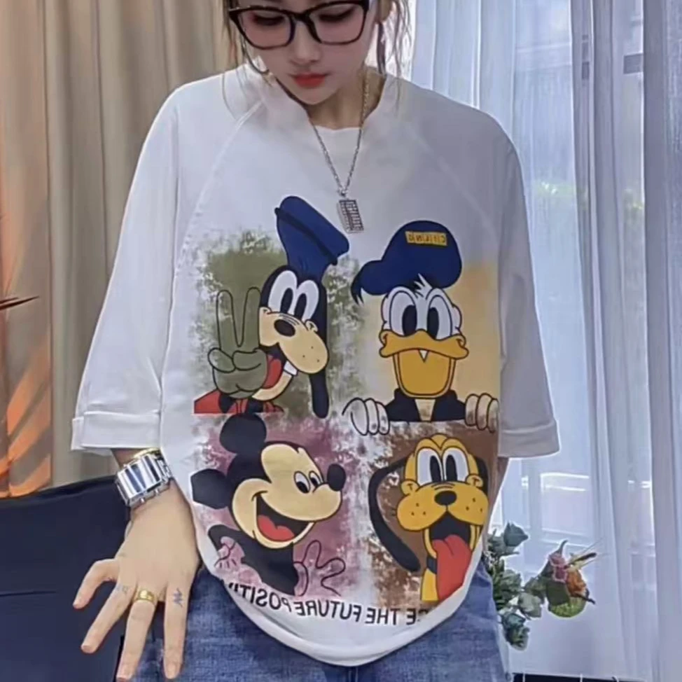 阿娟家2821夏季新款大版宽松重工洋气卡通印花圆领短袖T恤