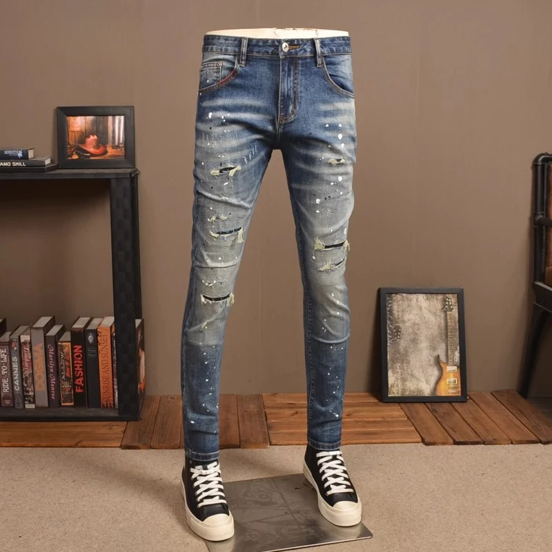 佩托本那夏季薄款喷漆破洞九分牛仔裤男潮牌弹力修身小脚紧身长裤
