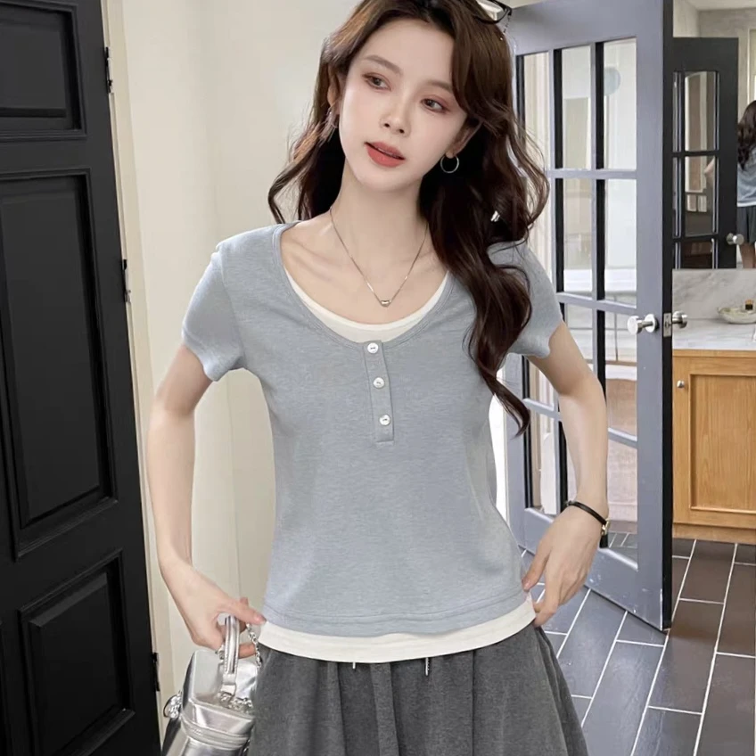 YKN2813（聚水潭）圆领极简风短袖螺纹T恤显瘦时尚宽松百搭女士短袖