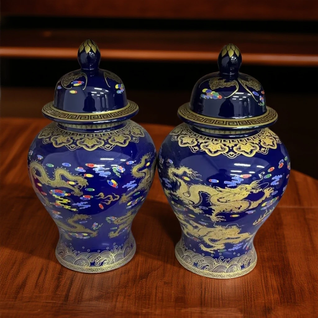 高档手工霁蓝釉描金祥云龙纹将军罐 陶瓷摆件