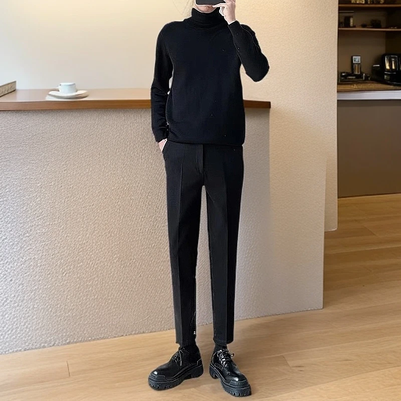 秋冬新款微锥毛呢小西裤男士松紧小脚长裤抗皱显瘦休闲加厚保暖裤