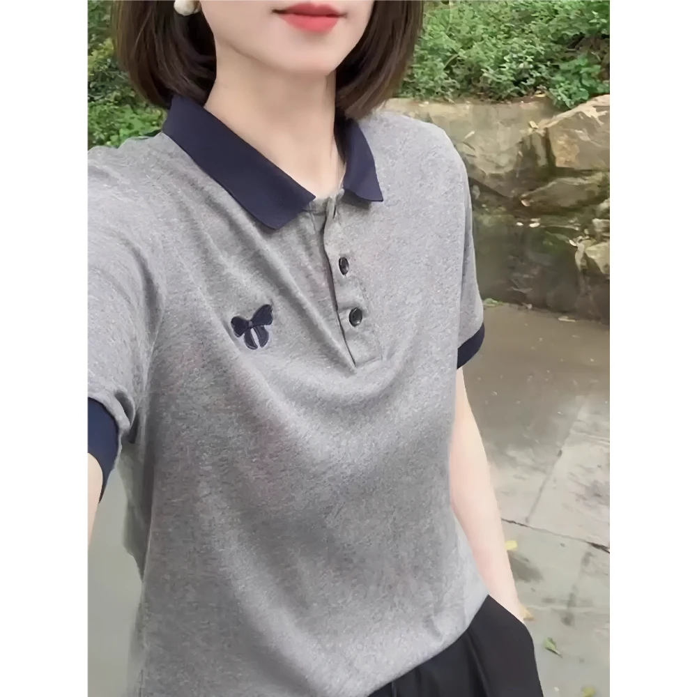 纯棉短袖t恤女夏季2025新款休闲韩版时尚百搭显瘦polo领拼色上衣