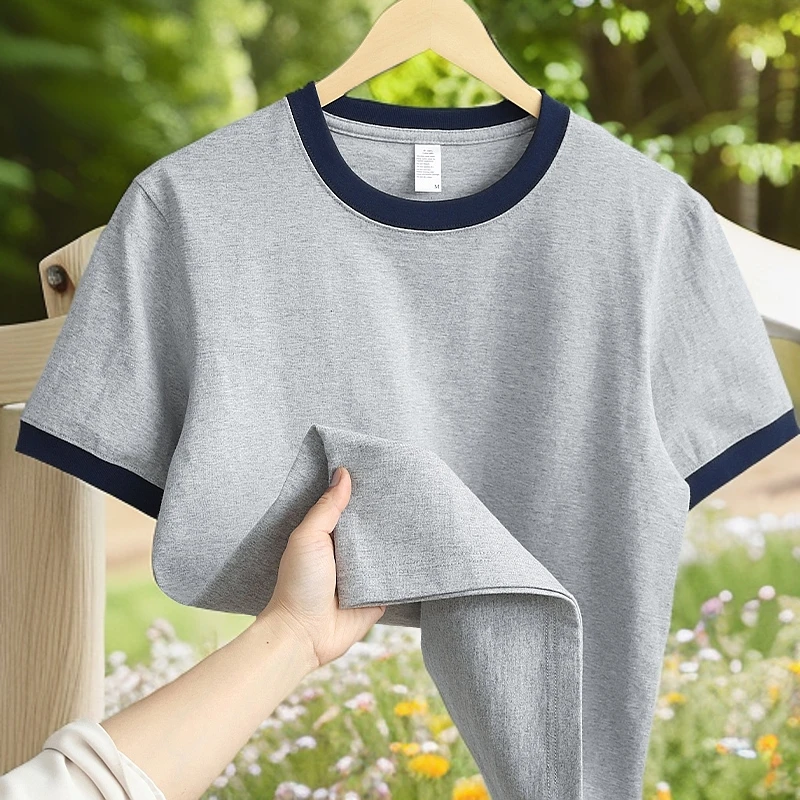 美式咔叽 270g重磅纯棉撞色拼色短袖t恤 复古宽松休闲半袖打底衫