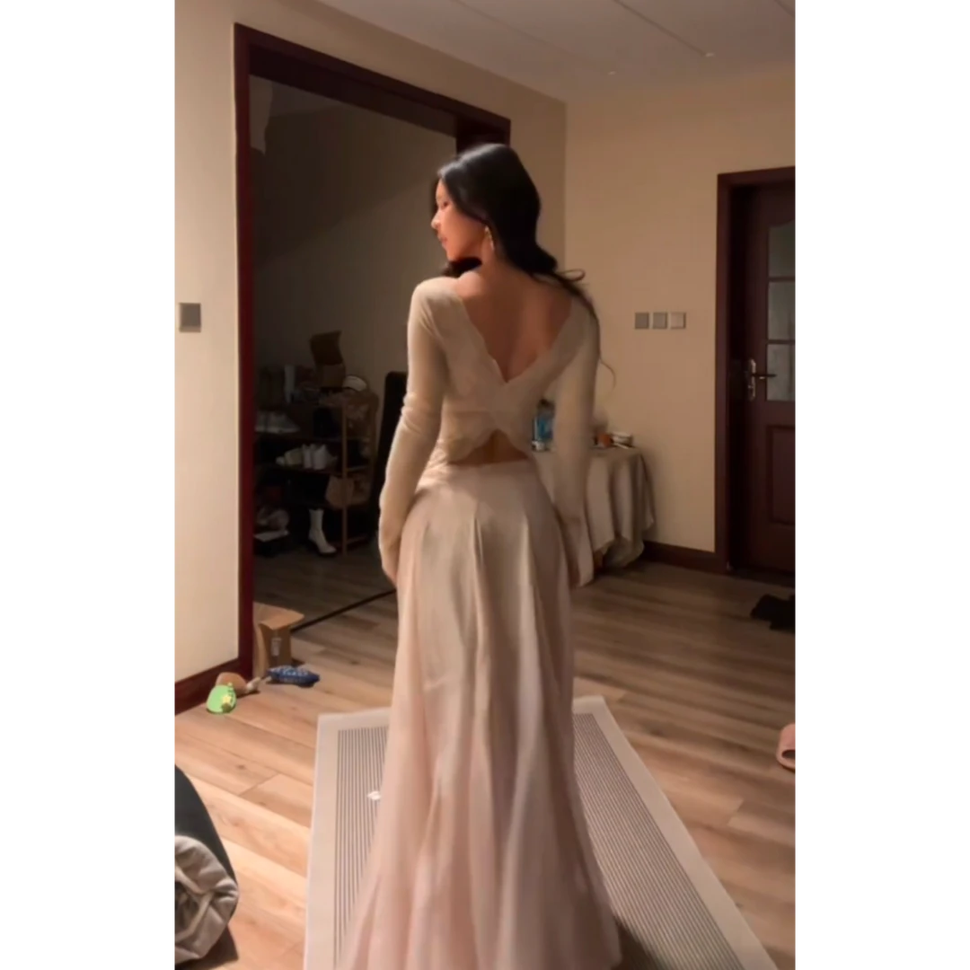 性感辣妹套装女秋冬纯欲蕾丝露背长袖上衣穿搭A字半身长裙两件套