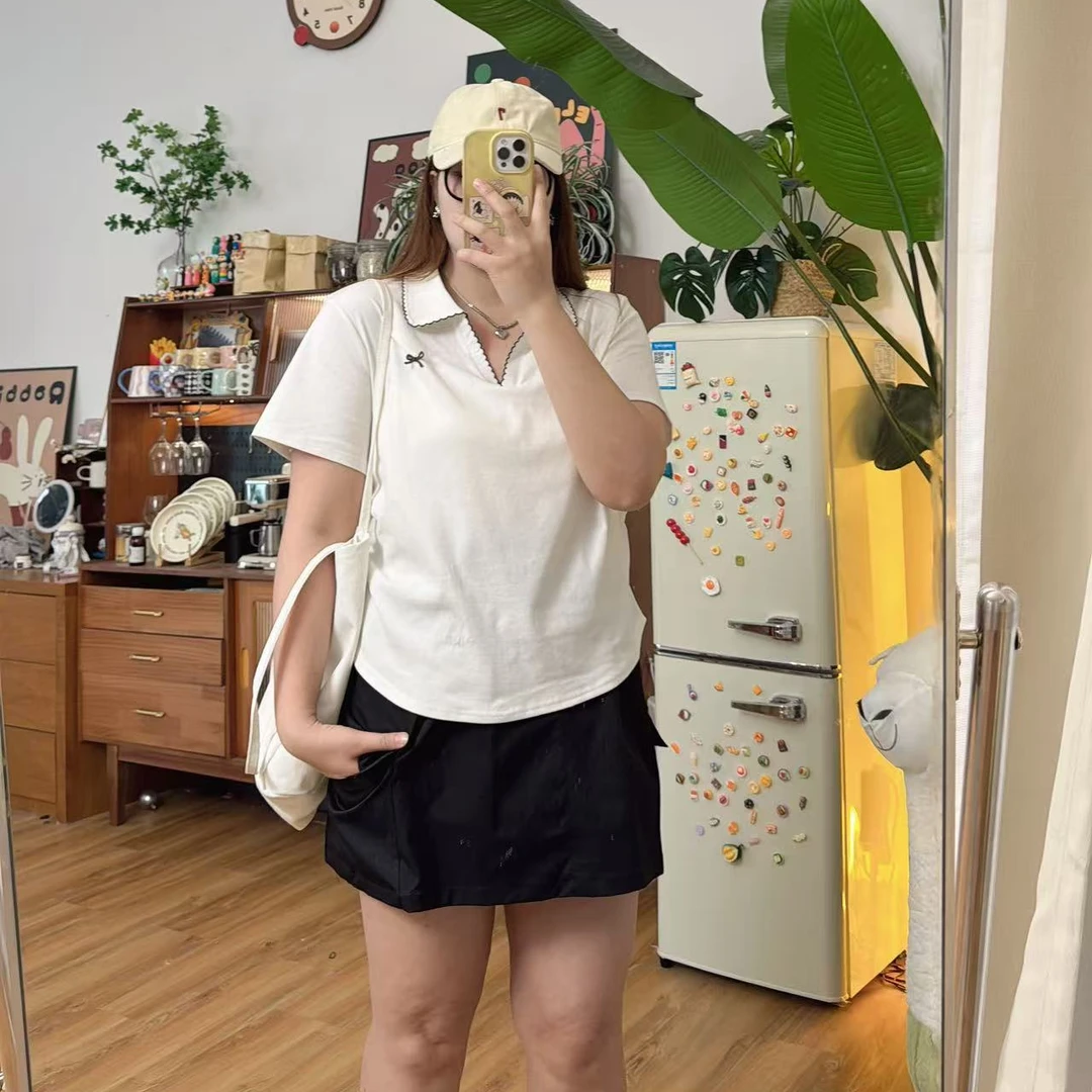 6601夏季V领POLO衫简约风新款短袖T恤正肩袖大码女装休闲百搭上衣