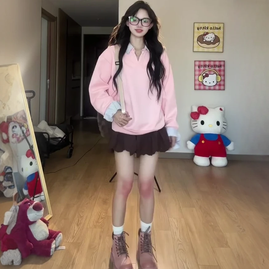 2025时尚早秋粉色韩系显瘦气质百搭卫衣短款时尚半身裙两件套女