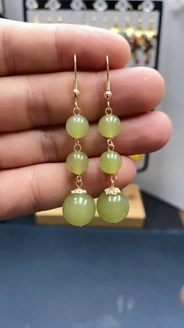 和田玉银S925镀金镶嵌耳饰尺寸12mm连珠02