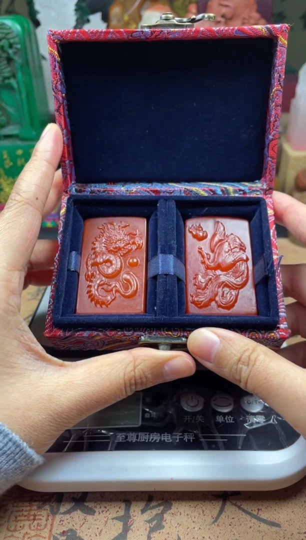 寿山石印石红田料龙凤对章 龙腾虎跃鸾凤和鸣