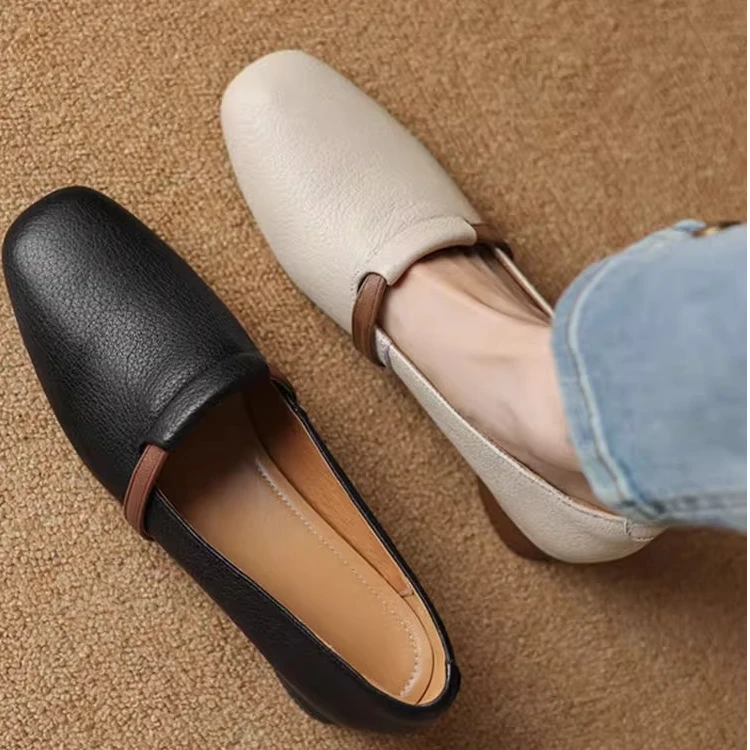 断码清仓羊皮法式方头乐福鞋女粗跟2025夏英伦小皮鞋低跟浅口单鞋