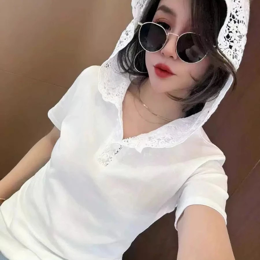 欧货春夏新款气质蕾丝帽子白色净版连帽短袖T恤时尚小衫上衣帽衫