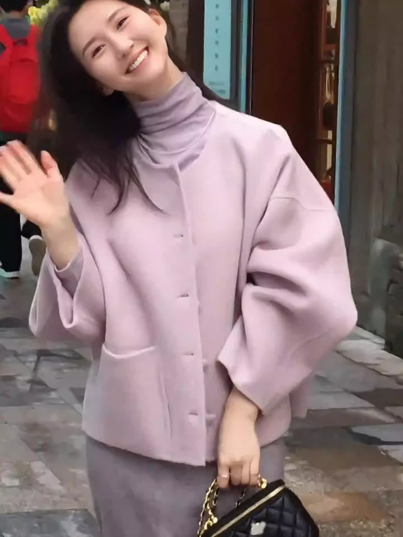 大码女装短款秋冬毛呢外套极简风拼接宽松型微胖mm正肩洋气短外套