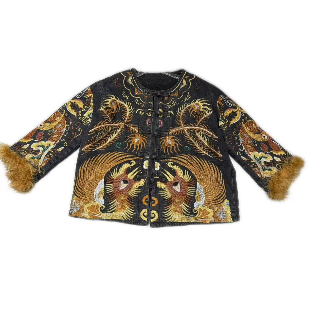 28355/#冬季新款新中式《空谷幽兰》国潮风女士圆领牛仔刺绣上衣