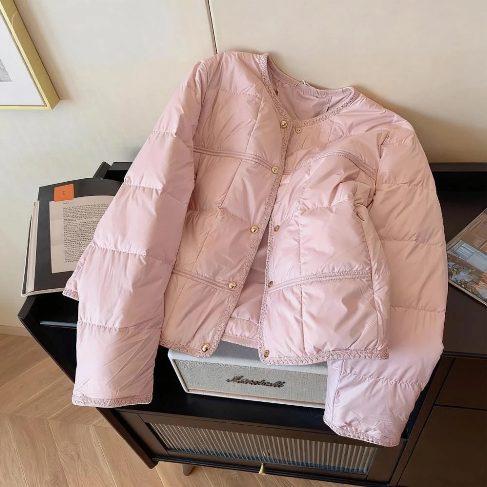 韩版小香风粉色圆领棉服女冬季2025新款温柔百搭气质加厚面包服女