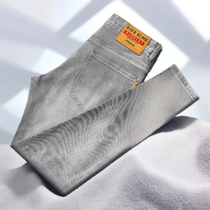 宾斯洛特复古灰色牛仔裤男夏季修身小直筒长裤潮流简约百搭九分裤