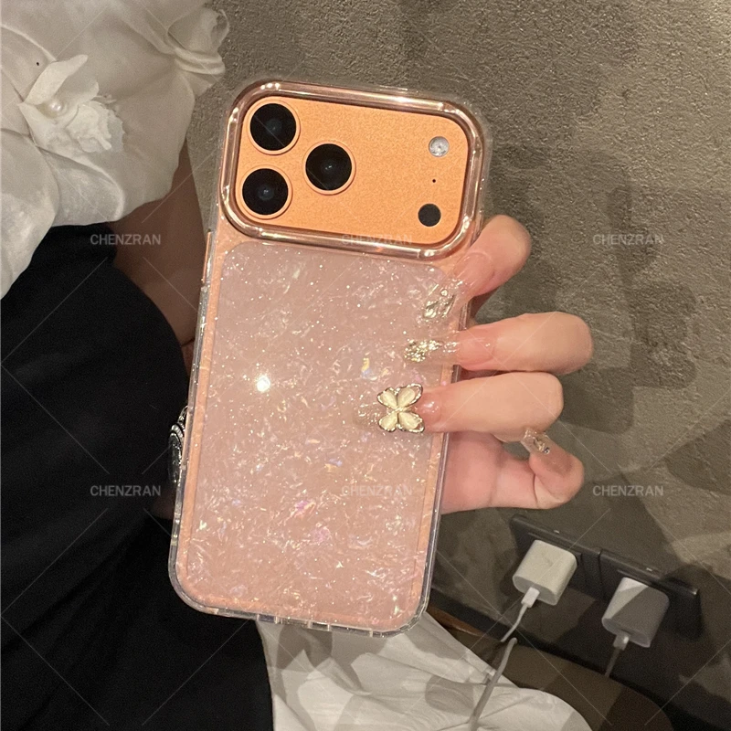 ins风闪粉贝壳纹苹果17promax手机壳高级感简约仙女款硅胶边防摔
