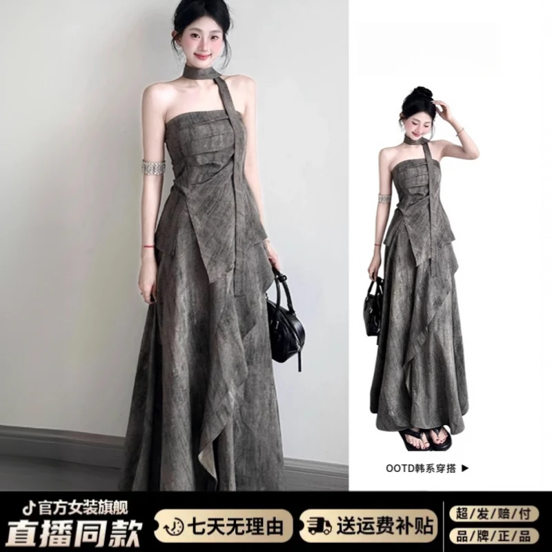 新中式灰色不规则抹胸连衣裙子女夏季2025新款高级感气质长裙套装