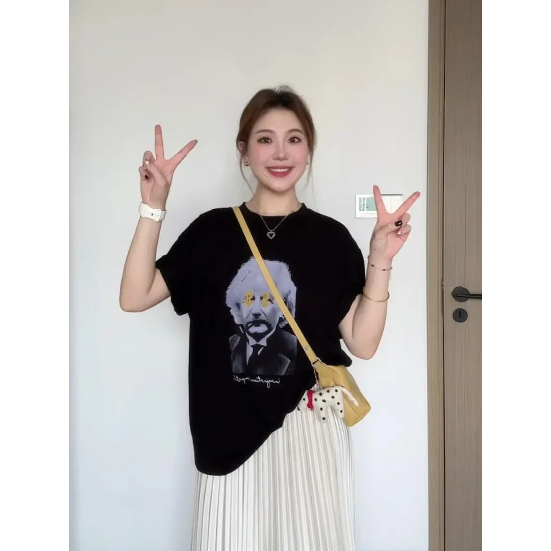 2025夏季新款美式复古印花短袖T恤宽松上衣搭配百褶半身裙两件套