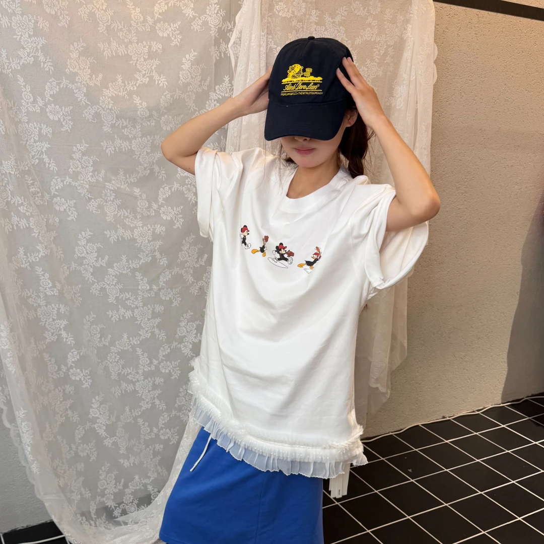 1032-韩国唐老鸭蕾丝边儿手工大T新款夏季宽松短袖T恤女百搭