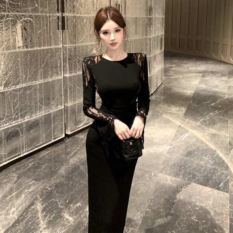 法式赫本风蕾丝拼接连衣裙女秋季新款高级感气质修身显瘦包臀长裙