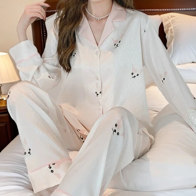 新款冰雪丝提花小奶狗衬衫睡衣女款春夏秋长袖套装甜美可爱家居服