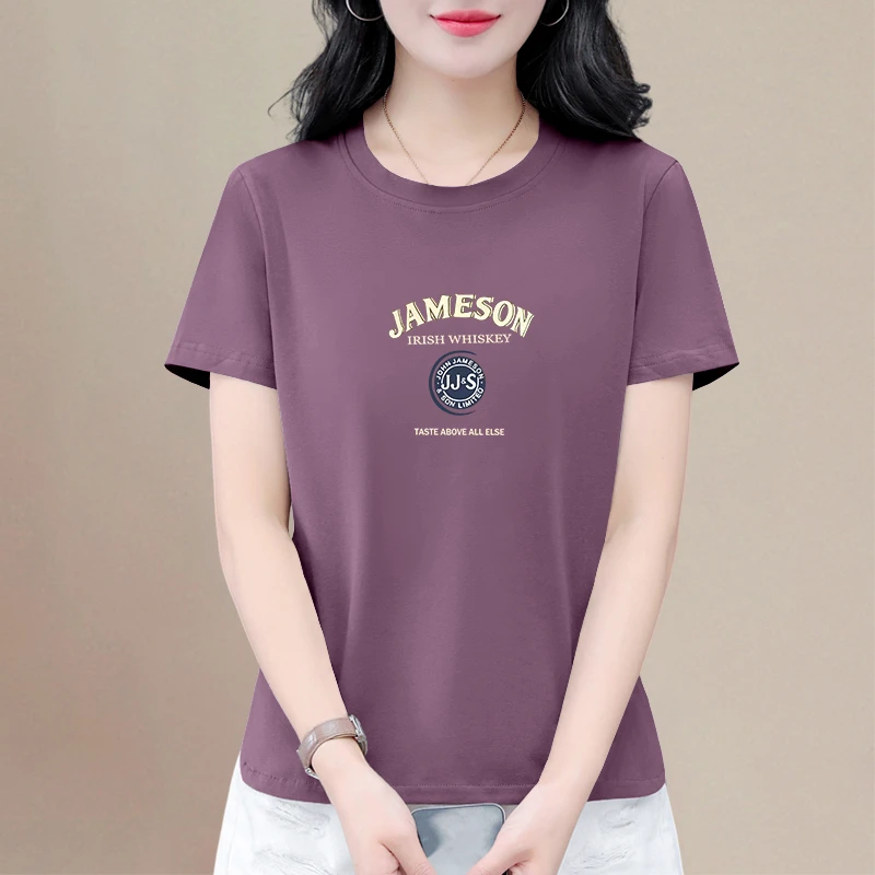 圆领印花女士短袖时尚潮流2025新款夏季宽松大码休闲洋气上衣T恤