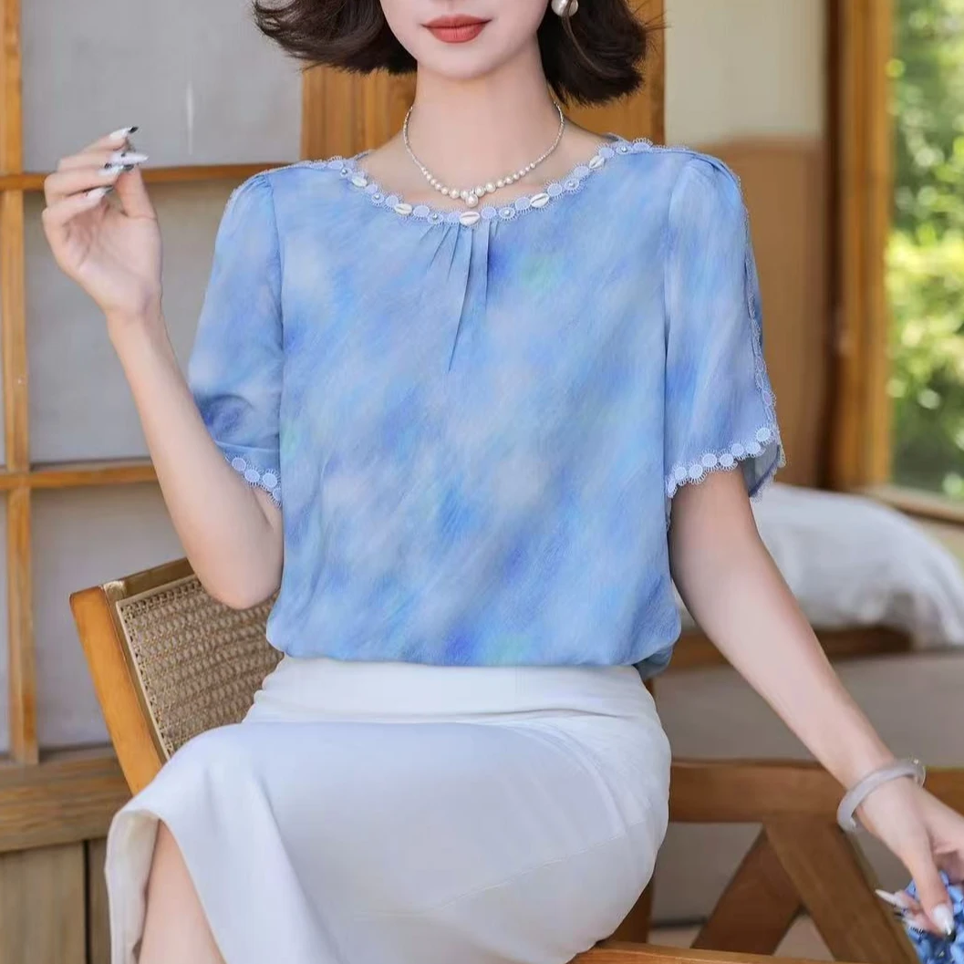 晕染短袖时尚气质上衣衬衣衬衫重工花边钉珠